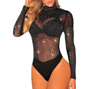 Women's Long Sleeves Sheer Mesh Leotard  Bodysuit Jumpsuit Body Suit Tops